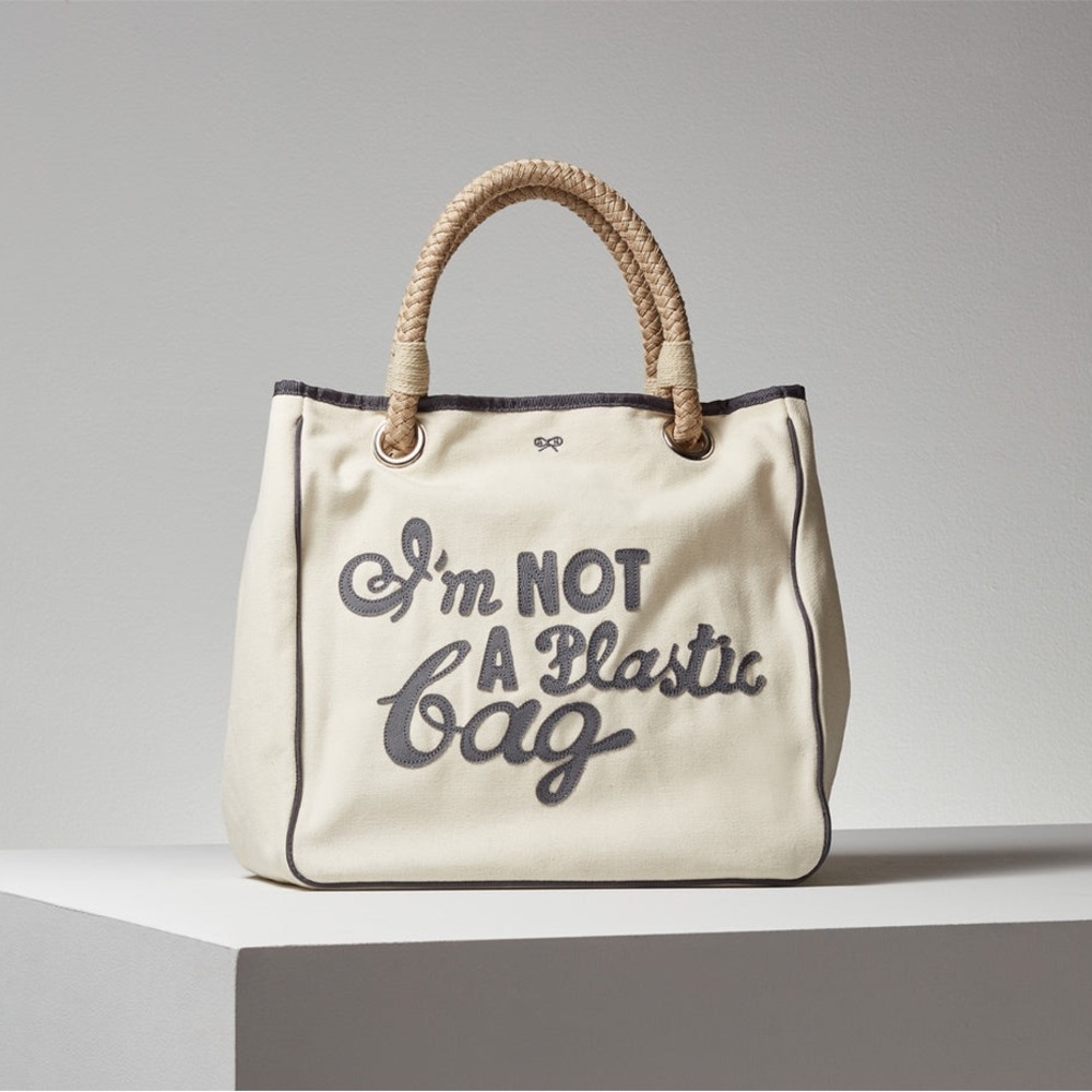 Anya Hindmarch London I AM NOT A PLASTIC BAG Cream and Navy Canvas Tote Bag - Picture 2 of 13